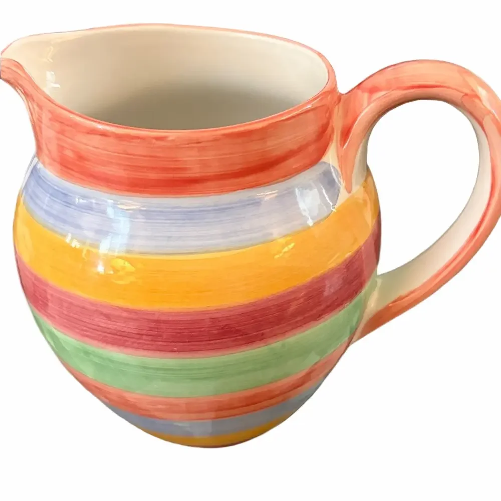 Vintage Alcobaca Portugal 7” striped Pitcher in vivid colors.